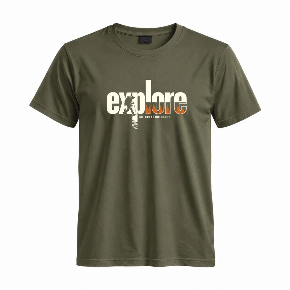 May include a Militarty Green Explore the Great Outdoors T-Shirt featuring an outdoor adventure graphic for hikers, campers, backpackers, and nature lovers.