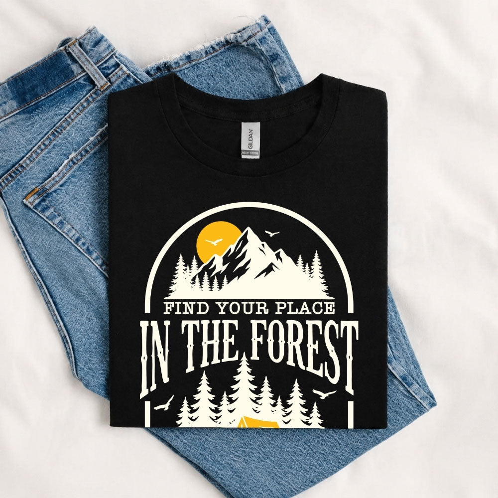 May include a Black Find Your Place in the Forest T-Shirt featuring a forest-inspired graphic for hikers, campers, backpackers, and nature lovers.