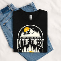 Thumbnail for May include a Black Find Your Place in the Forest T-Shirt featuring a forest-inspired graphic for hikers, campers, backpackers, and nature lovers.