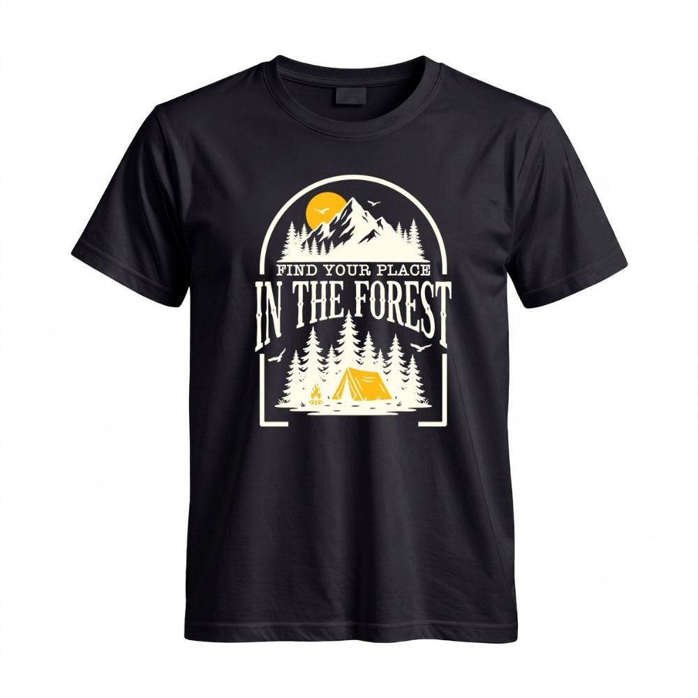 May include a Black Find Your Place in the Forest T-Shirt featuring a forest-inspired graphic for hikers, campers, backpackers, and nature lovers.