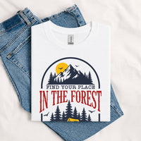 Thumbnail for May include a White Find Your Place in the Forest T-Shirt featuring a forest-inspired graphic for hikers, campers, backpackers, and nature lovers.