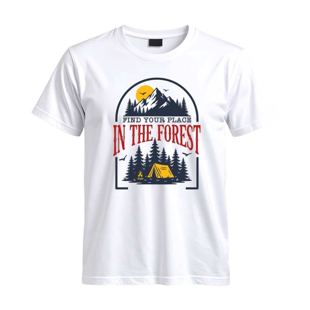 May include a White Find Your Place in the Forest T-Shirt featuring a forest-inspired graphic for hikers, campers, backpackers, and nature lovers.