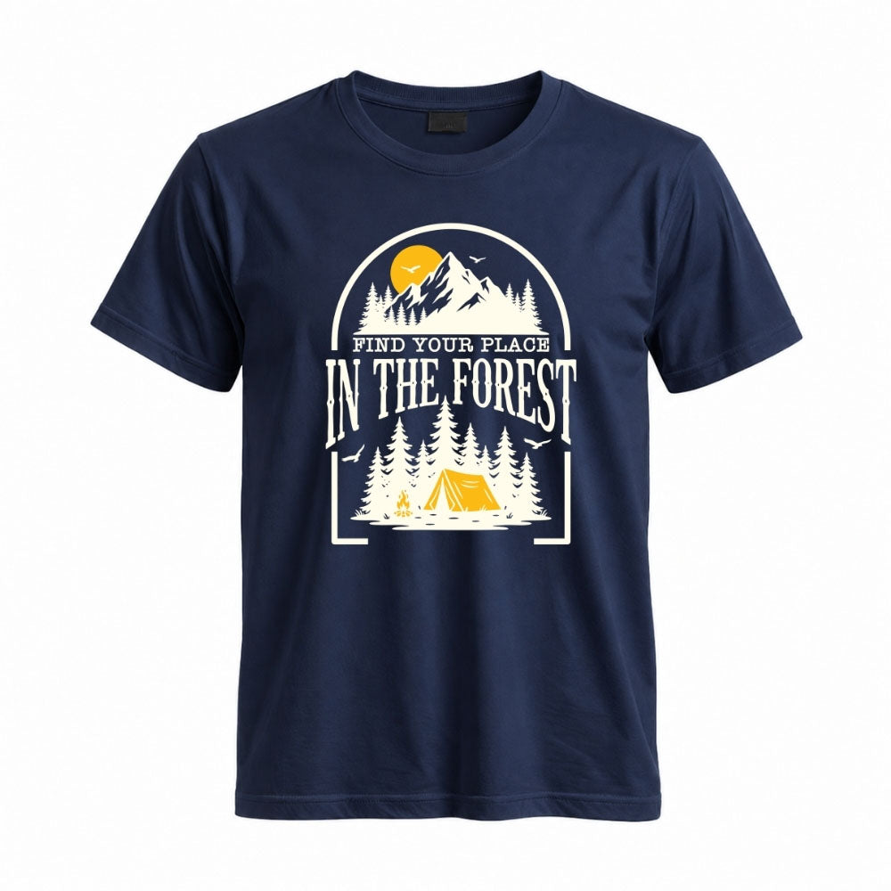 May include a Navy Find Your Place in the Forest T-Shirt featuring a forest-inspired graphic for hikers, campers, backpackers, and nature lovers.