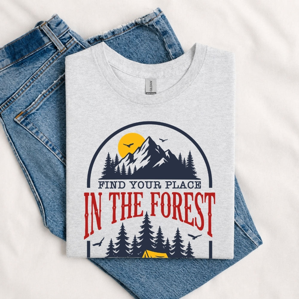 May include a Sport Grey Find Your Place in the Forest T-Shirt featuring a forest-inspired graphic for hikers, campers, backpackers, and nature lovers.