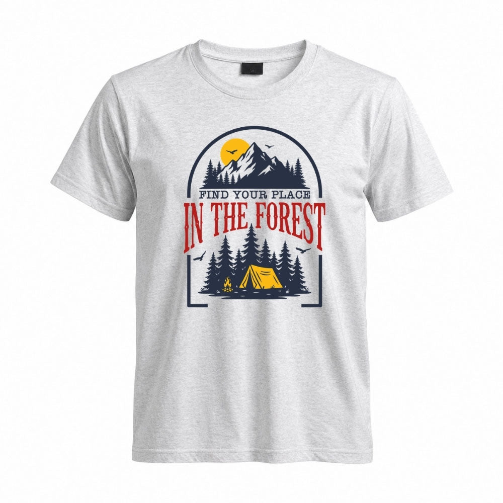 May include a Sport Grey Find Your Place in the Forest T-Shirt featuring a forest-inspired graphic for hikers, campers, backpackers, and nature lovers.