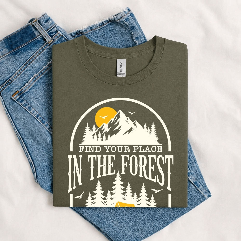 May include a Military Green Find Your Place in the Forest T-Shirt featuring a forest-inspired graphic for hikers, campers, backpackers, and nature lovers.