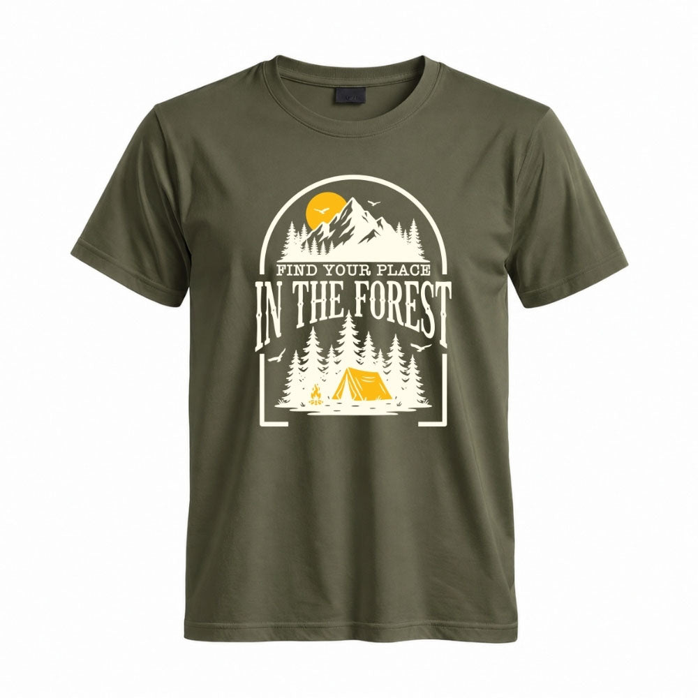 May include a Military Green Find Your Place in the Forest T-Shirt featuring a forest-inspired graphic for hikers, campers, backpackers, and nature lovers.