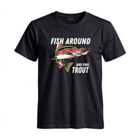 Thumbnail for May include a Black person wearing the Fish Around and Find Trout T-Shirt featuring a funny trout fishing pun graphic for anglers and outdoor enthusiasts.