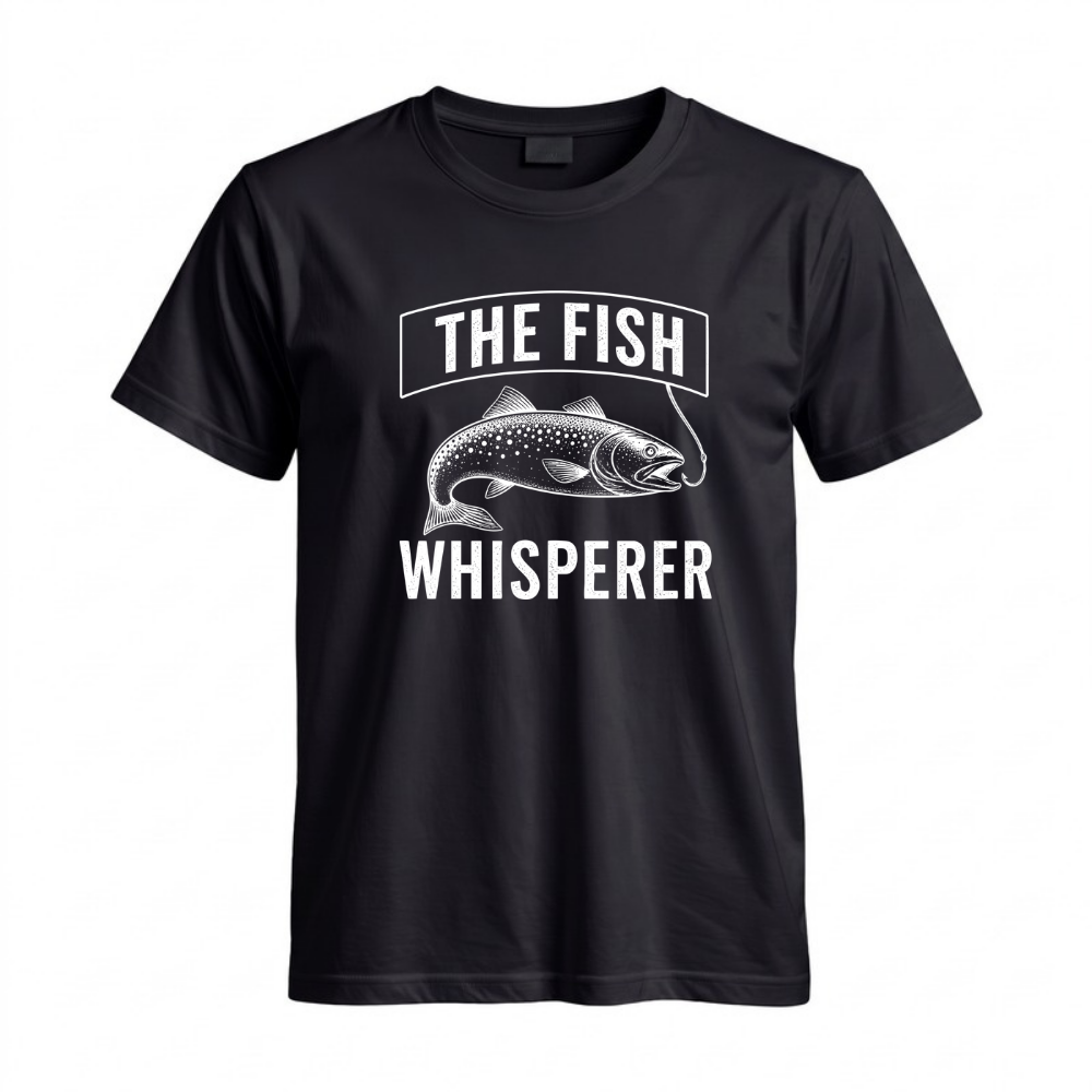 May include Black a men's graphic T-shirt featuring a humorous Fish Whisperer fishing design for anglers, fishermen, fish lovers, and outdoor enthusiasts.