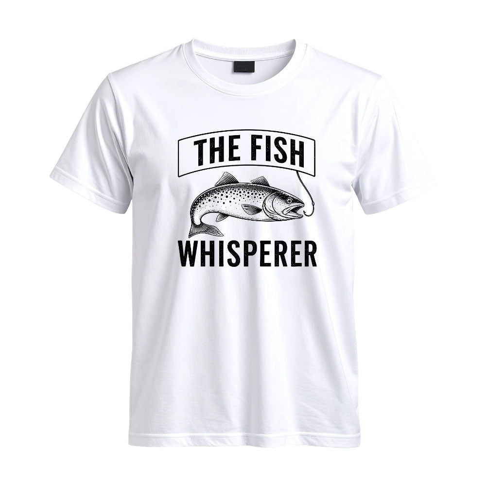 May include White a men's graphic T-shirt featuring a humorous Fish Whisperer fishing design for anglers, fishermen, fish lovers, and outdoor enthusiasts.