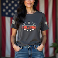 Thumbnail for May include person wearing a dark gray Freedom unisex patriotic American liberty t-shirt with bold USA-inspired text design.
