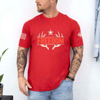 Thumbnail for May include person wearing a red Freedom unisex patriotic American liberty t-shirt with bold USA-inspired text design.
