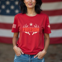 Thumbnail for May include person wearing a red Freedom unisex patriotic American liberty t-shirt with bold USA-inspired text design.
