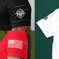 Thumbnail for Patriotic T-shirt sleeve prints featuring American flag on red tee and Outdoorzees compass design on black and white tee
