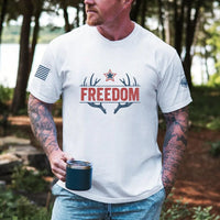 Thumbnail for May include person wearing a white Freedom unisex patriotic American liberty t-shirt with bold USA-inspired text design.
