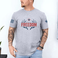 Thumbnail for May include person wearing a gray Freedom unisex patriotic American liberty t-shirt with bold USA-inspired text design.
