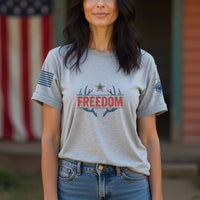 Thumbnail for May include person wearing a gray Freedom unisex patriotic American liberty t-shirt with bold USA-inspired text design.
