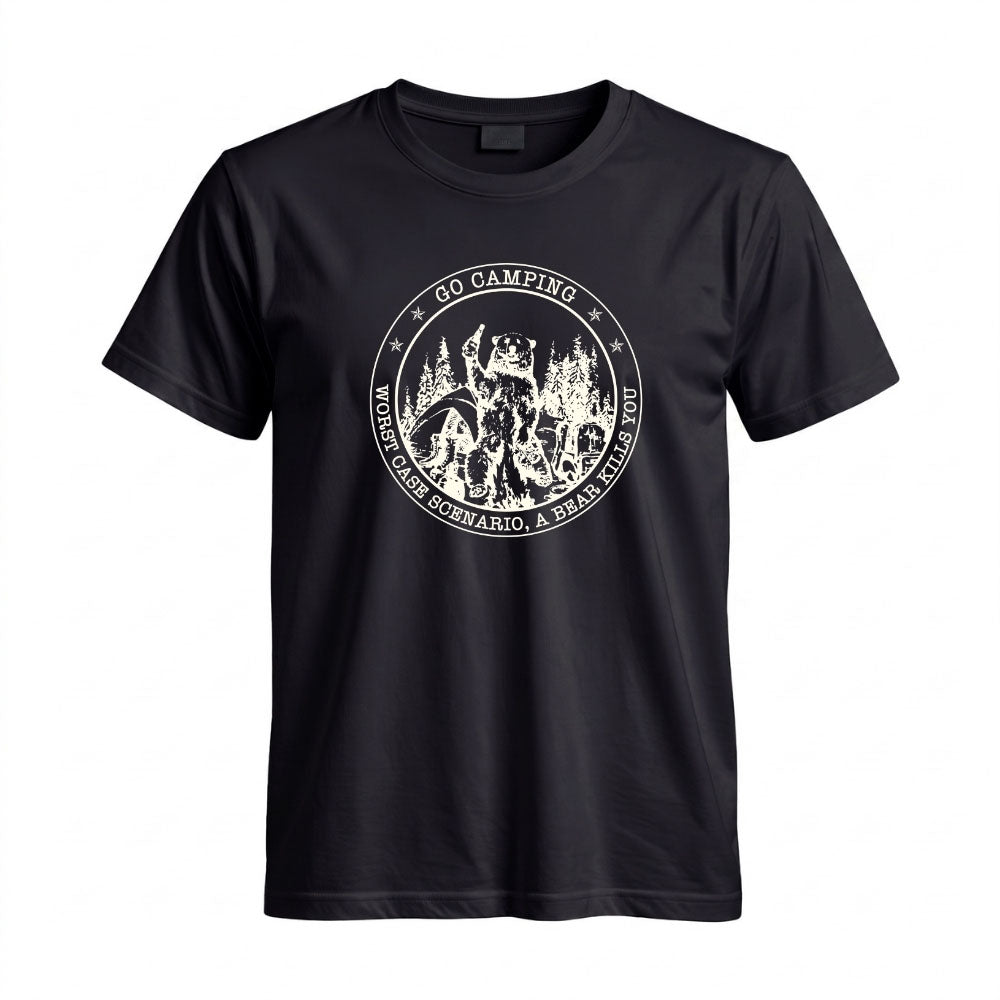 May include a Black person wearing the Go Outside Worst Case Scenario A Bear Kills You Tee featuring a vintage bear graphic and humorous outdoor adventure design.
