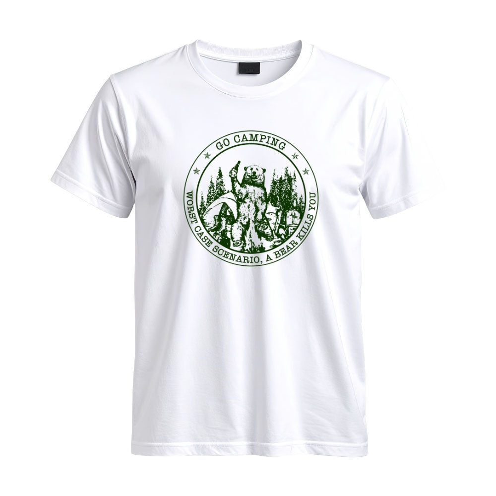 May include a White person wearing the Go Outside Worst Case Scenario A Bear Kills You Tee featuring a vintage bear graphic and humorous outdoor adventure design.