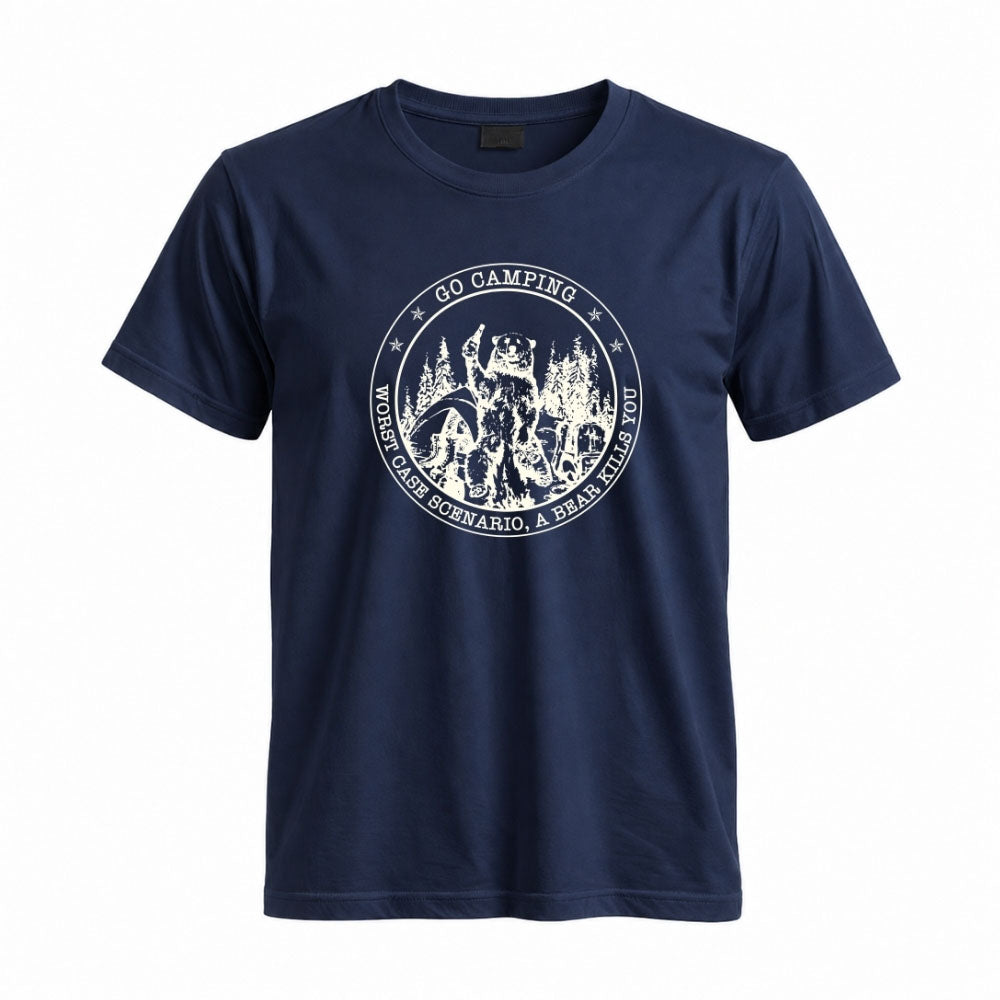 May include a Navy person wearing the Go Outside Worst Case Scenario A Bear Kills You Tee featuring a vintage bear graphic and humorous outdoor adventure design.