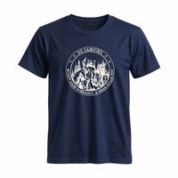Thumbnail for May include a Navy person wearing the Go Outside Worst Case Scenario A Bear Kills You Tee featuring a vintage bear graphic and humorous outdoor adventure design.