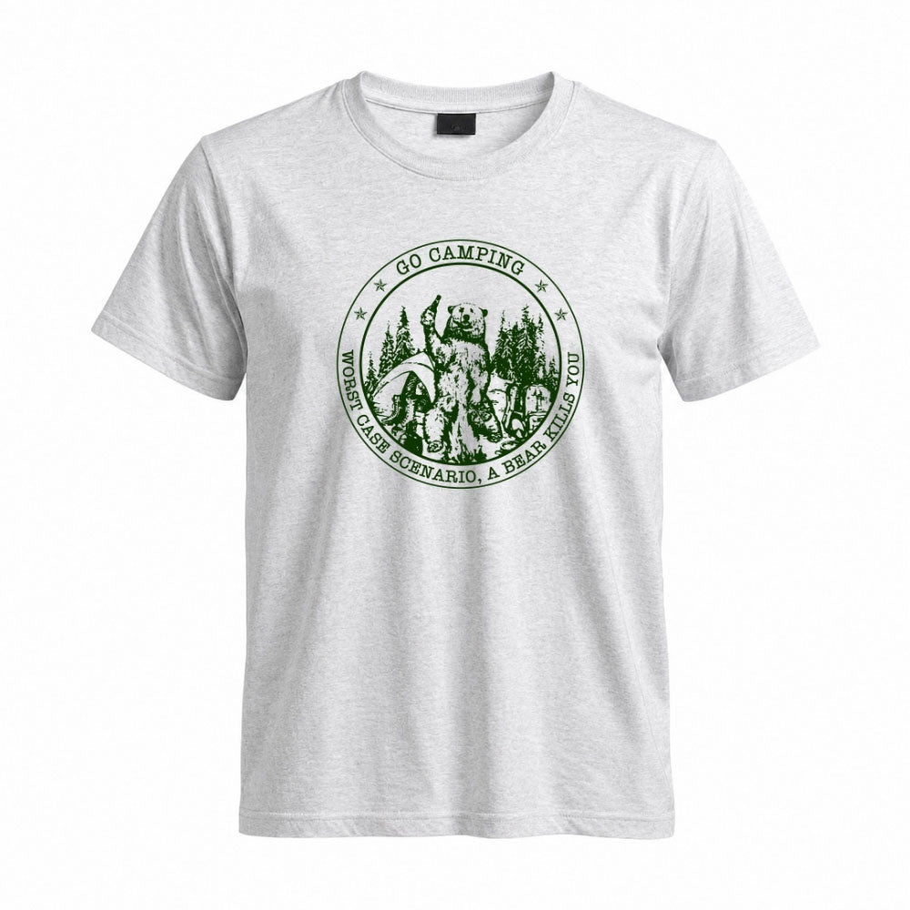May include a Sport Grey person wearing the Go Outside Worst Case Scenario A Bear Kills You Tee featuring a vintage bear graphic and humorous outdoor adventure design.
