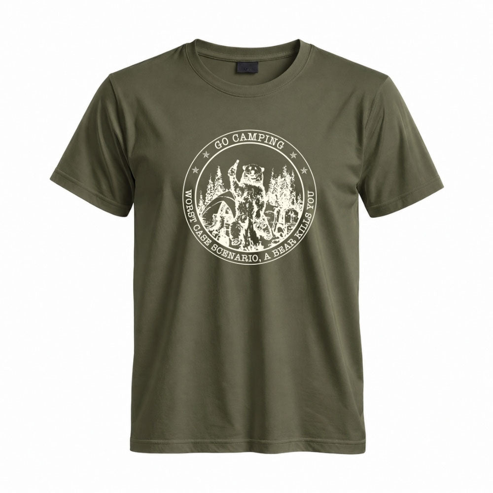 May include a Military Green person wearing the Go Outside Worst Case Scenario A Bear Kills You Tee featuring a vintage bear graphic and humorous outdoor adventure design.