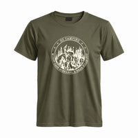 Thumbnail for May include a Military Green person wearing the Go Outside Worst Case Scenario A Bear Kills You Tee featuring a vintage bear graphic and humorous outdoor adventure design.