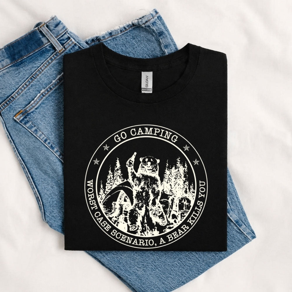 May include a Black person wearing the Go Outside Worst Case Scenario A Bear Kills You Tee featuring a vintage bear graphic and humorous outdoor adventure design.