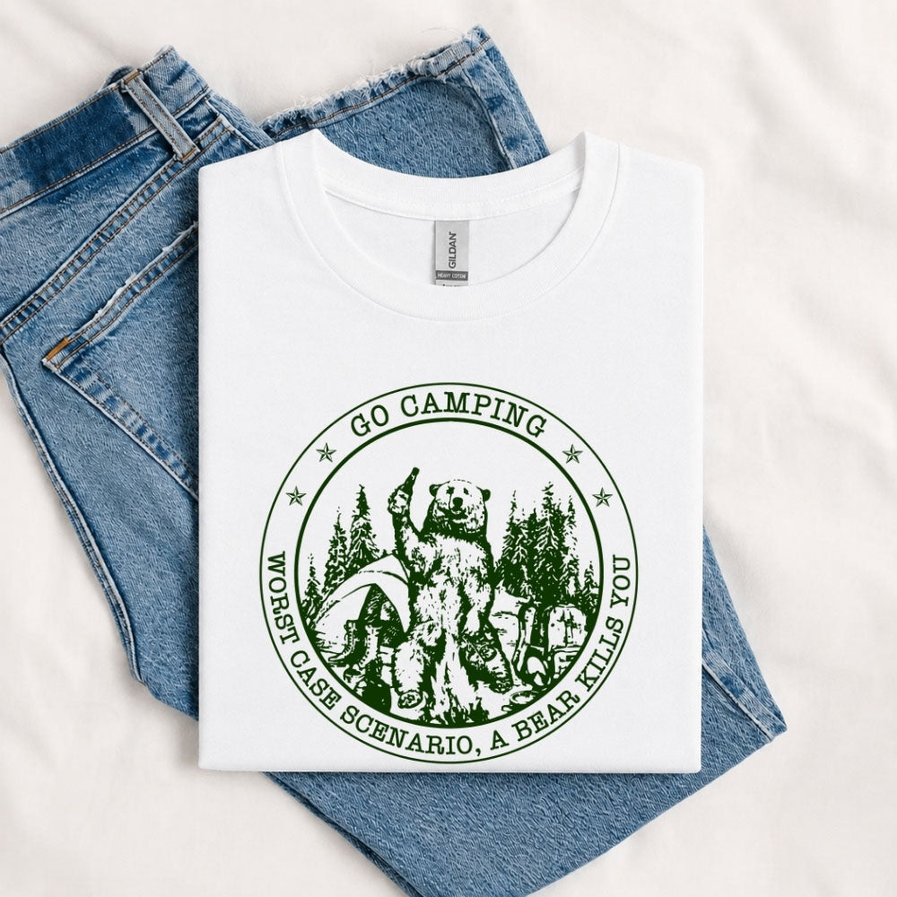 May include a White person wearing the Go Outside Worst Case Scenario A Bear Kills You Tee featuring a vintage bear graphic and humorous outdoor adventure design.