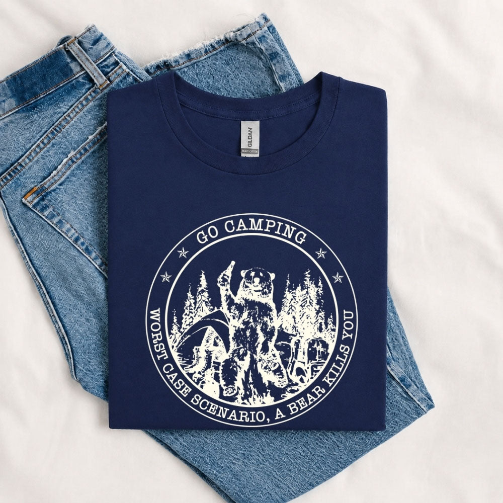 May include a Navy person wearing the Go Outside Worst Case Scenario A Bear Kills You Tee featuring a vintage bear graphic and humorous outdoor adventure design.