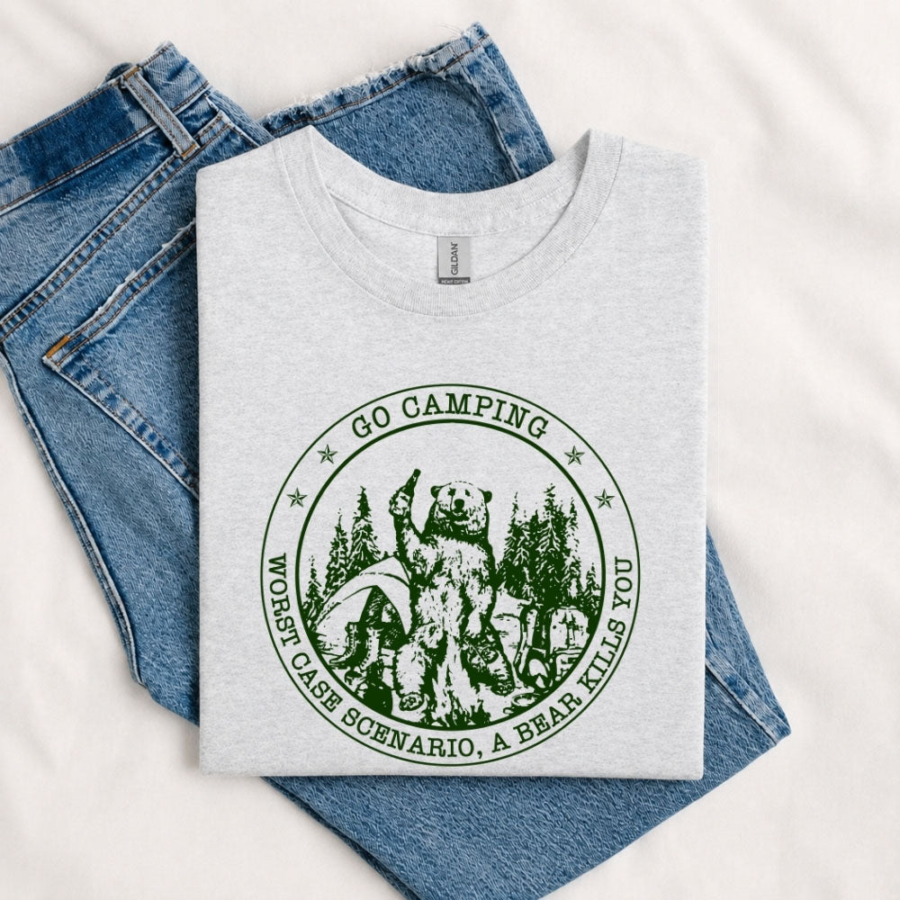 May include a Sport Grey person wearing the Go Outside Worst Case Scenario A Bear Kills You Tee featuring a vintage bear graphic and humorous outdoor adventure design.