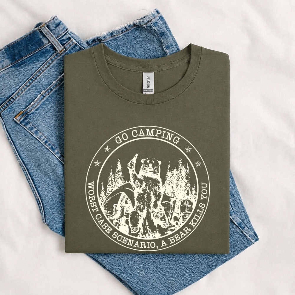 May include a Military Green person wearing the Go Outside Worst Case Scenario A Bear Kills You Tee featuring a vintage bear graphic and humorous outdoor adventure design.