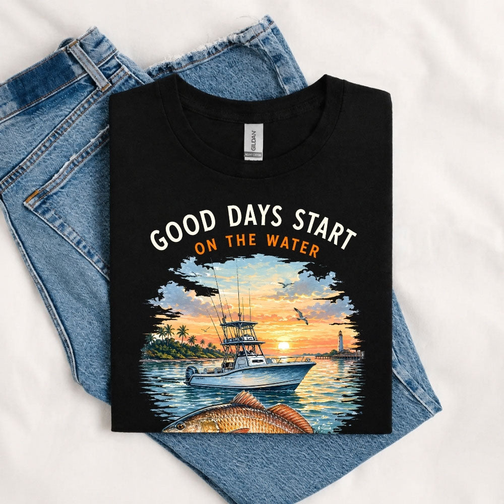 May include a Black Good Days Start on the Water T-Shirt featuring a fishing boat, peaceful sunset, and lake-inspired graphic for anglers, boaters, and outdoor adventure lovers.