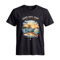 Thumbnail for May include a Black Good Days Start on the Water T-Shirt featuring a fishing boat, peaceful sunset, and lake-inspired graphic for anglers, boaters, and outdoor adventure lovers.