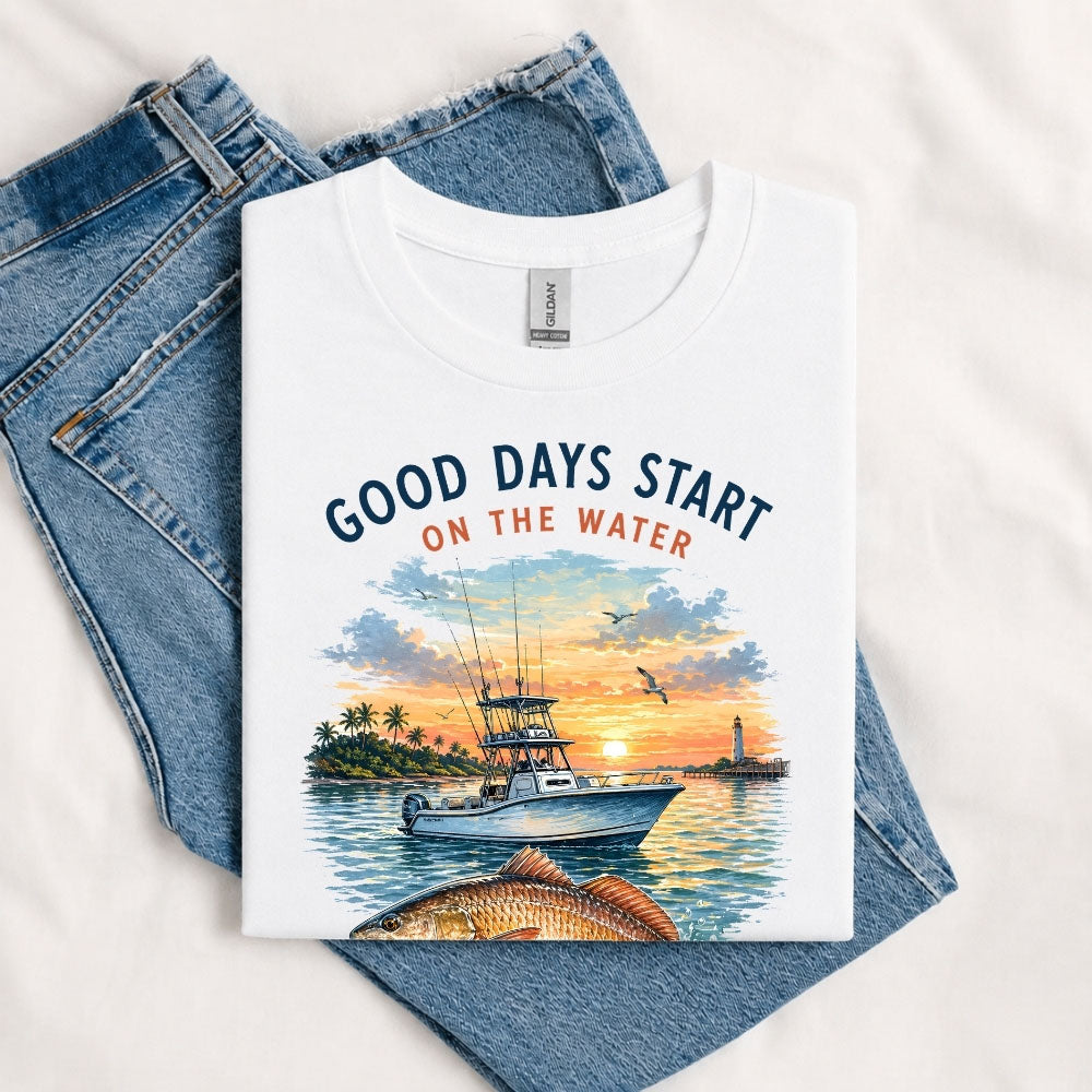 May include a White Good Days Start on the Water T-Shirt featuring a fishing boat, peaceful sunset, and lake-inspired graphic for anglers, boaters, and outdoor adventure lovers.