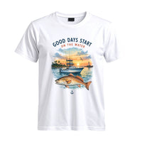 Thumbnail for May include a White Good Days Start on the Water T-Shirt featuring a fishing boat, peaceful sunset, and lake-inspired graphic for anglers, boaters, and outdoor adventure lovers.