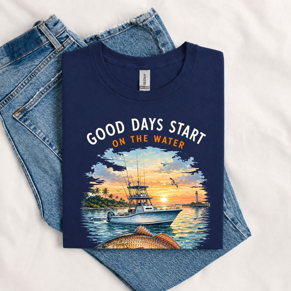 May include a Navy Good Days Start on the Water T-Shirt featuring a fishing boat, peaceful sunset, and lake-inspired graphic for anglers, boaters, and outdoor adventure lovers.