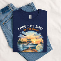 Thumbnail for May include a Navy Good Days Start on the Water T-Shirt featuring a fishing boat, peaceful sunset, and lake-inspired graphic for anglers, boaters, and outdoor adventure lovers.