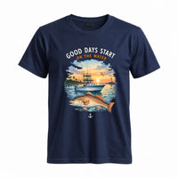 Thumbnail for May include a Navy Good Days Start on the Water T-Shirt featuring a fishing boat, peaceful sunset, and lake-inspired graphic for anglers, boaters, and outdoor adventure lovers.