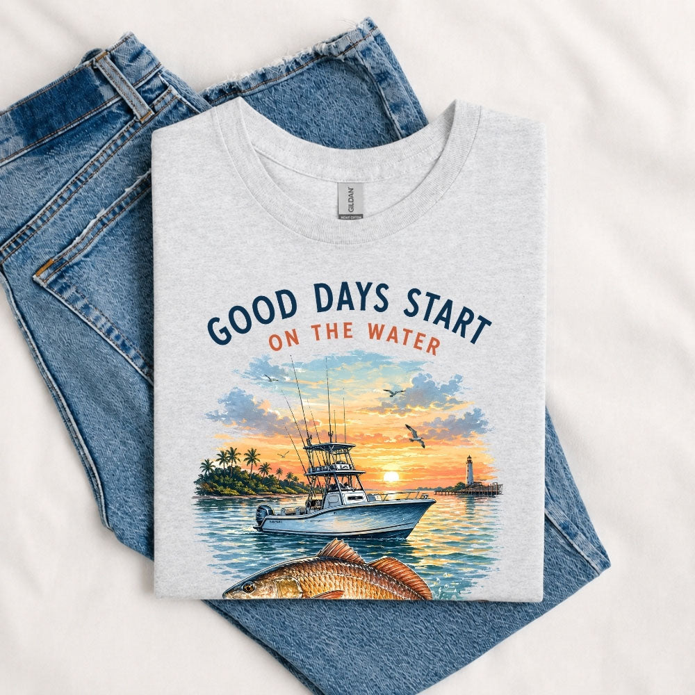May include a Sport Grey Good Days Start on the Water T-Shirt featuring a fishing boat, peaceful sunset, and lake-inspired graphic for anglers, boaters, and outdoor adventure lovers.