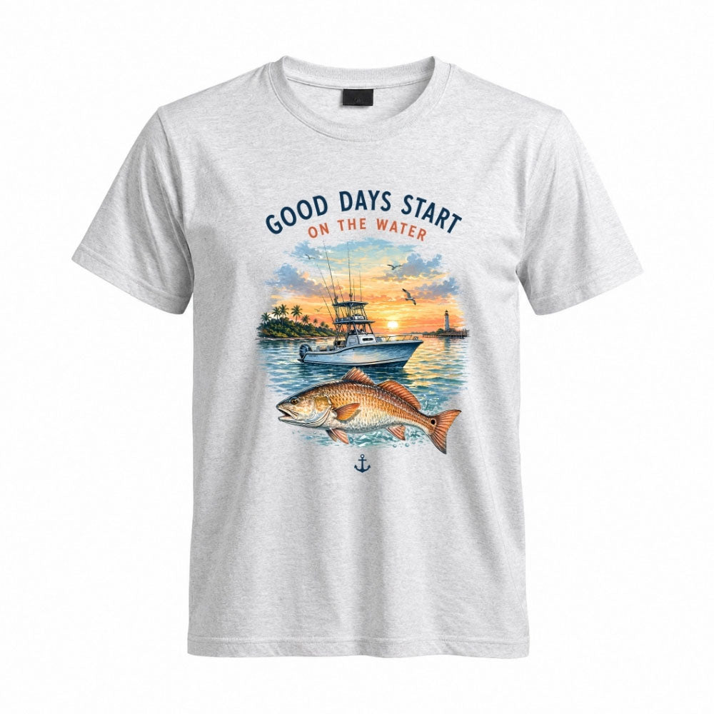 May include a Sport Grey Good Days Start on the Water T-Shirt featuring a fishing boat, peaceful sunset, and lake-inspired graphic for anglers, boaters, and outdoor adventure lovers.