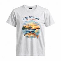 Thumbnail for May include a Sport Grey Good Days Start on the Water T-Shirt featuring a fishing boat, peaceful sunset, and lake-inspired graphic for anglers, boaters, and outdoor adventure lovers.