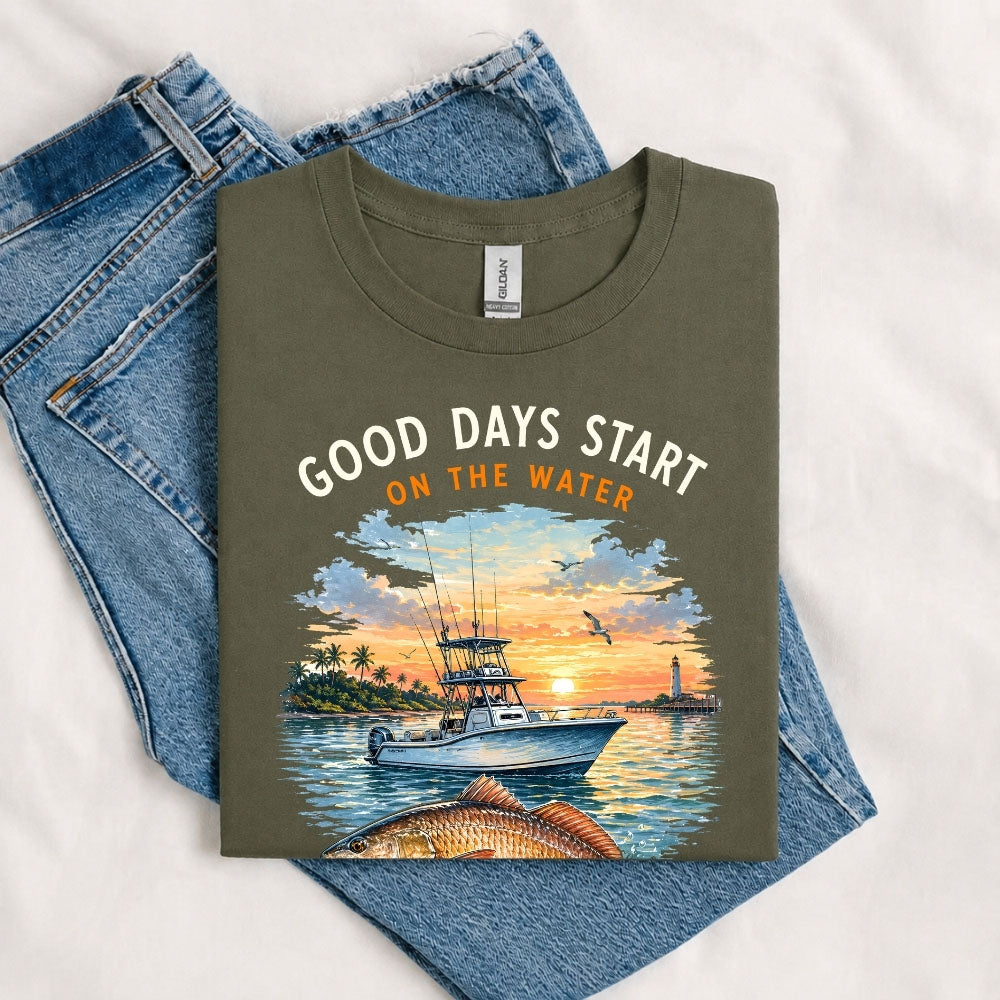 May include a Military Green Good Days Start on the Water T-Shirt featuring a fishing boat, peaceful sunset, and lake-inspired graphic for anglers, boaters, and outdoor adventure lovers.