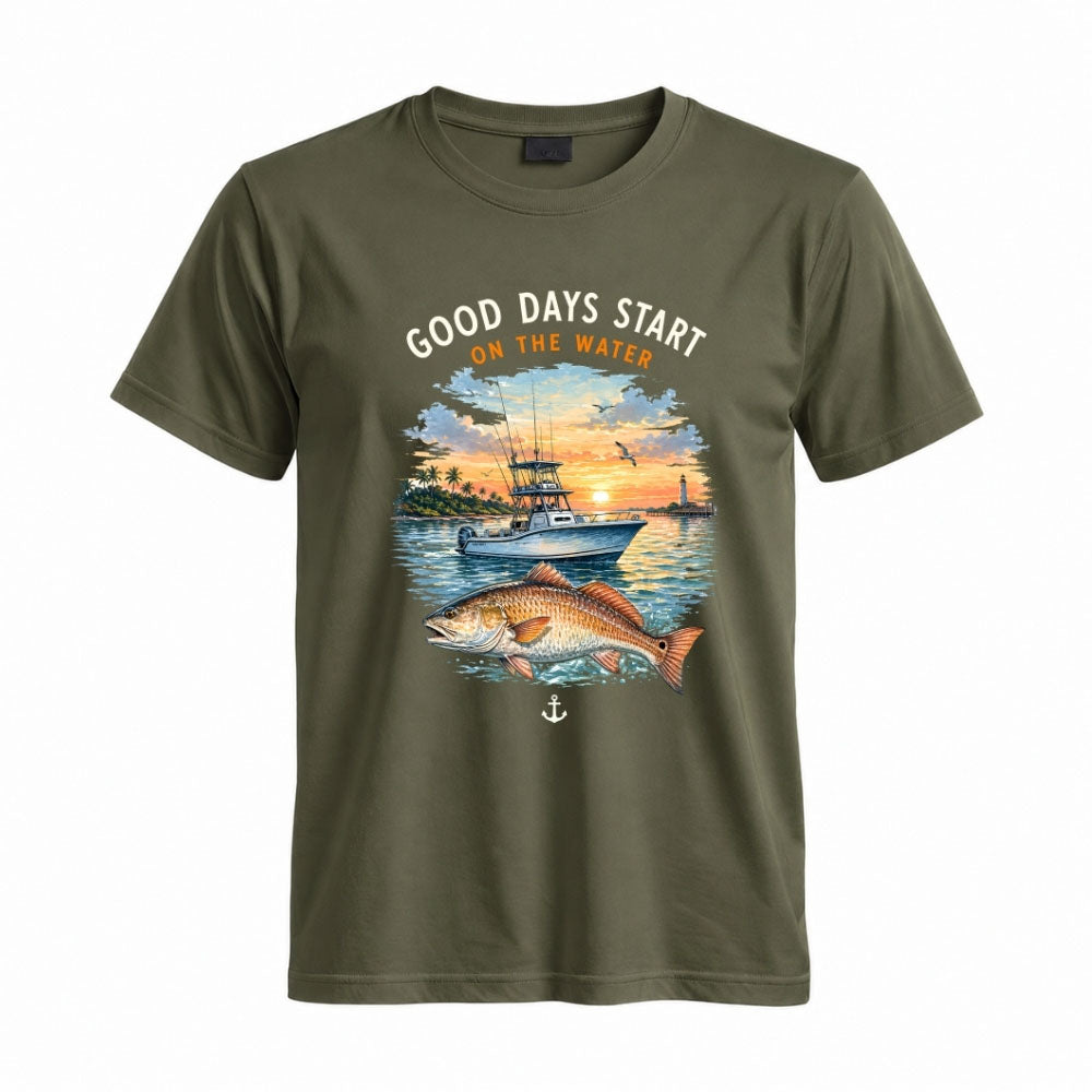 May include a Military Green Good Days Start on the Water T-Shirt featuring a fishing boat, peaceful sunset, and lake-inspired graphic for anglers, boaters, and outdoor adventure lovers.
