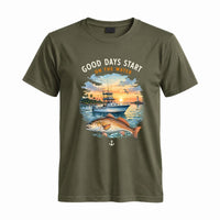 Thumbnail for May include a Military Green Good Days Start on the Water T-Shirt featuring a fishing boat, peaceful sunset, and lake-inspired graphic for anglers, boaters, and outdoor adventure lovers.