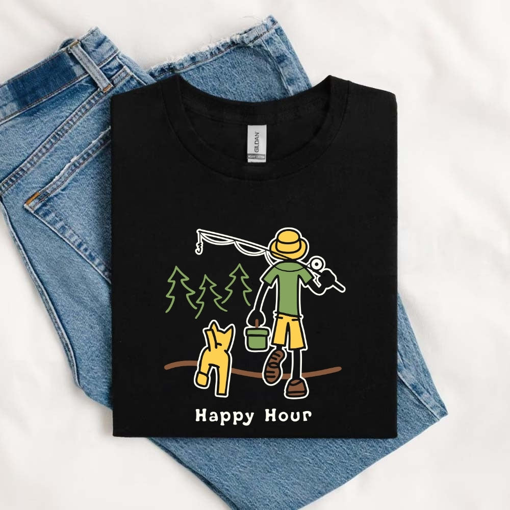 May include a Black men's Happy Hour Fish Tee graphic t-shirt featuring a fish design, casual style, and comfortable everyday apparel look.