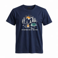 Thumbnail for May include a Navy I'd Rather Be by the Fire T-Shirt featuring a cozy campfire-inspired graphic for campers, hikers, RV travelers, and outdoor adventure lovers.
