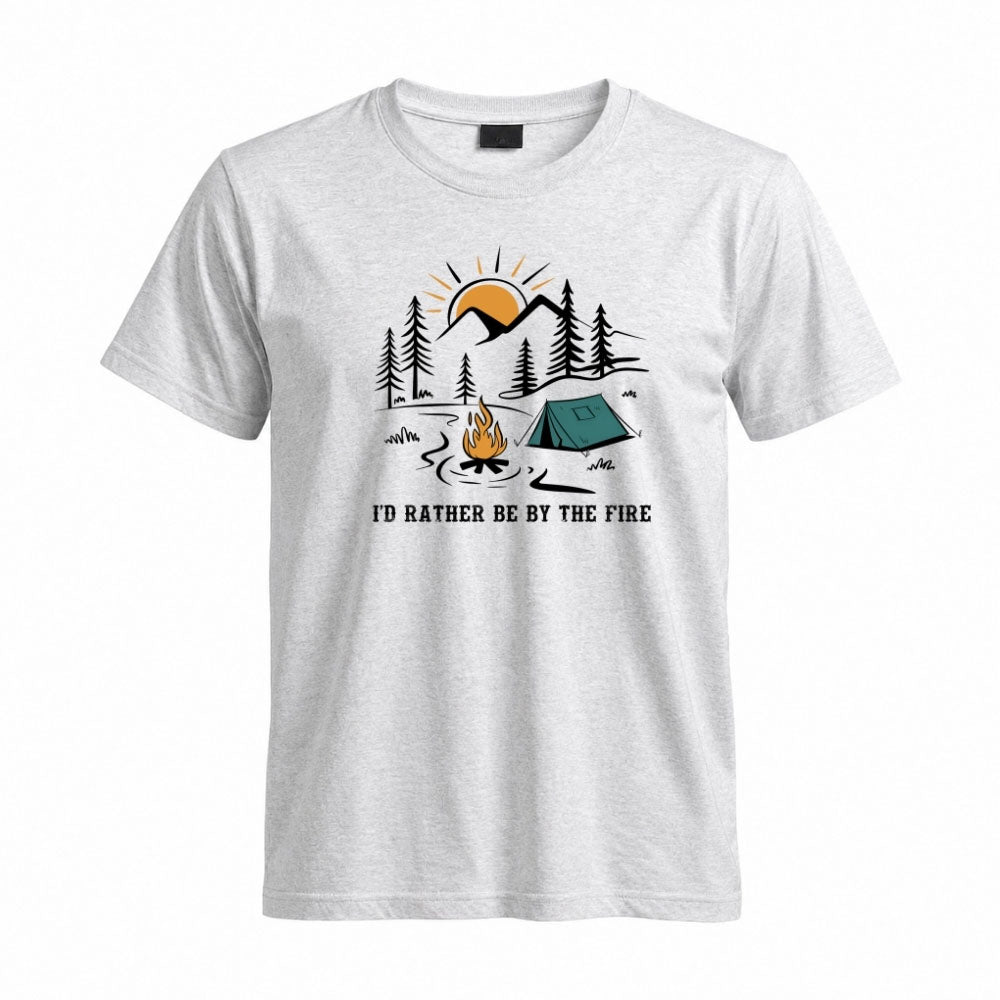 May include a Sport Grey I'd Rather Be by the Fire T-Shirt featuring a cozy campfire-inspired graphic for campers, hikers, RV travelers, and outdoor adventure lovers.