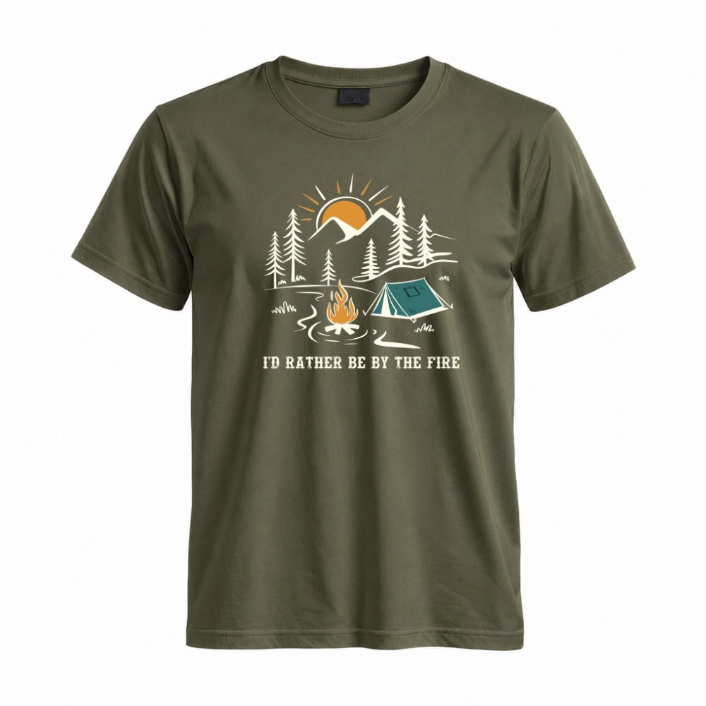 May include a Military Green I'd Rather Be by the Fire T-Shirt featuring a cozy campfire-inspired graphic for campers, hikers, RV travelers, and outdoor adventure lovers.